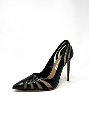 NEW Aquazzura The Spy Pump Black Pointed Toe Snakeskin High Heels Pumps 37.5 7.5